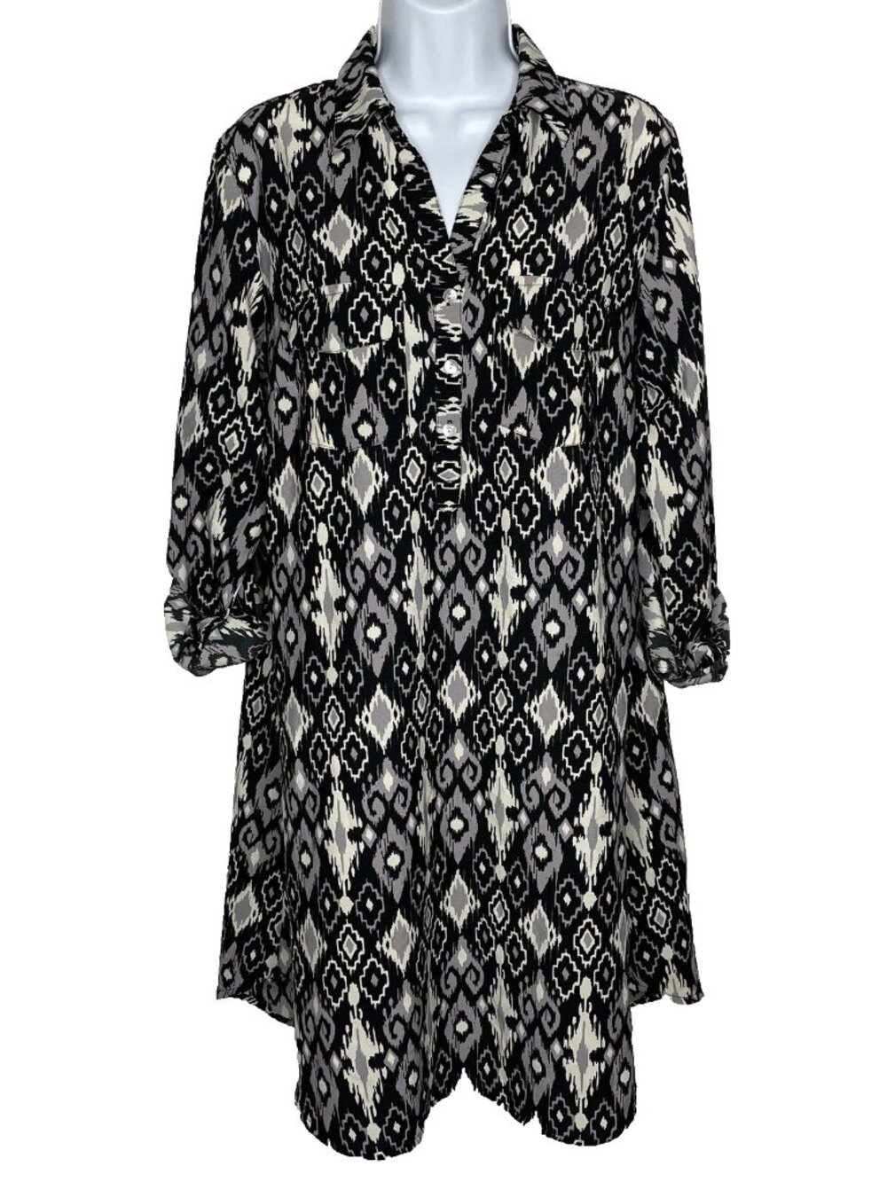 Roper Ikat Western Shirt Dress Size M Black Gray Southwestern Aztec Roll Tab